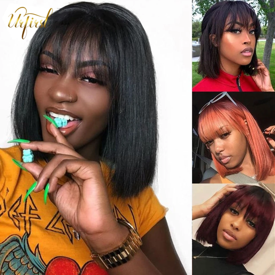 Short Bob Human Hair Wigs With Bangs #99J Brazilian Wig Machine Made For Black Women Remy Highlight | Шиньоны и парики