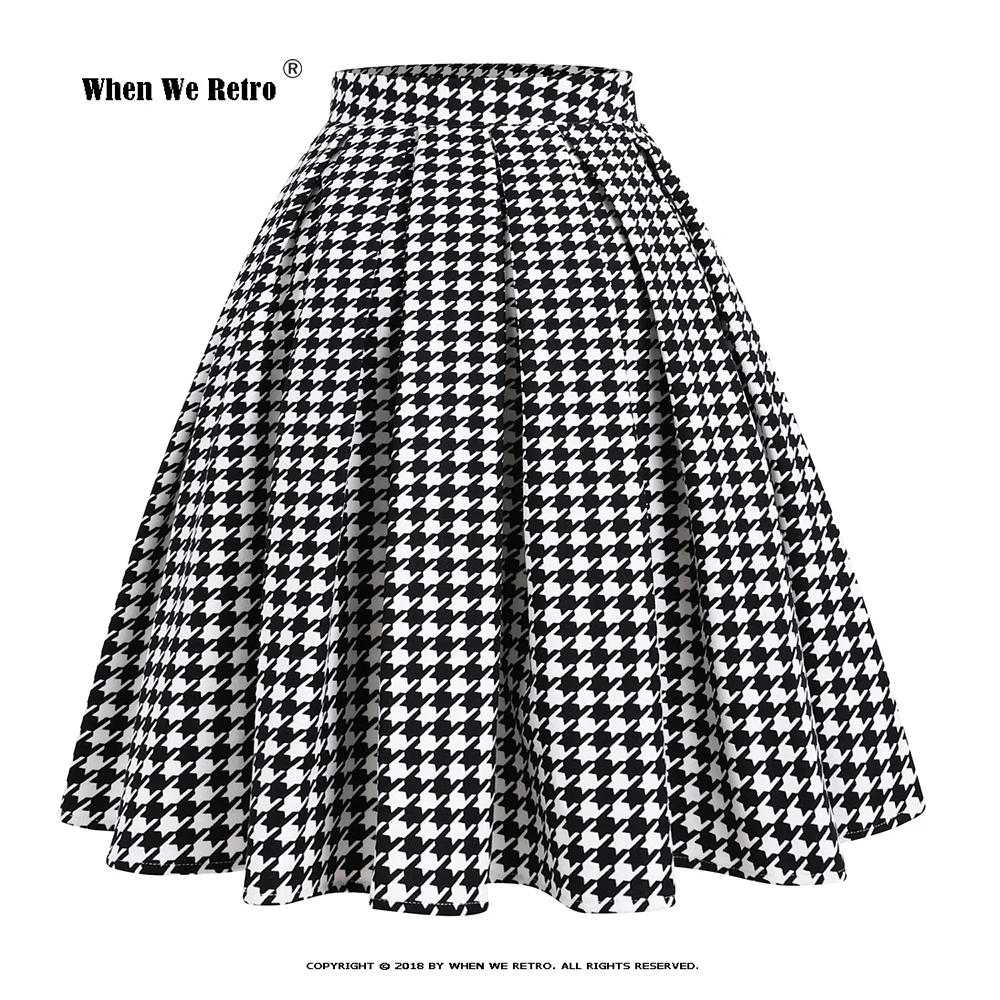 

50s 60s Hepburn Retro Plaid Skirt VD2601 boohoo Women Flare High Waist Black Pleated Skirts