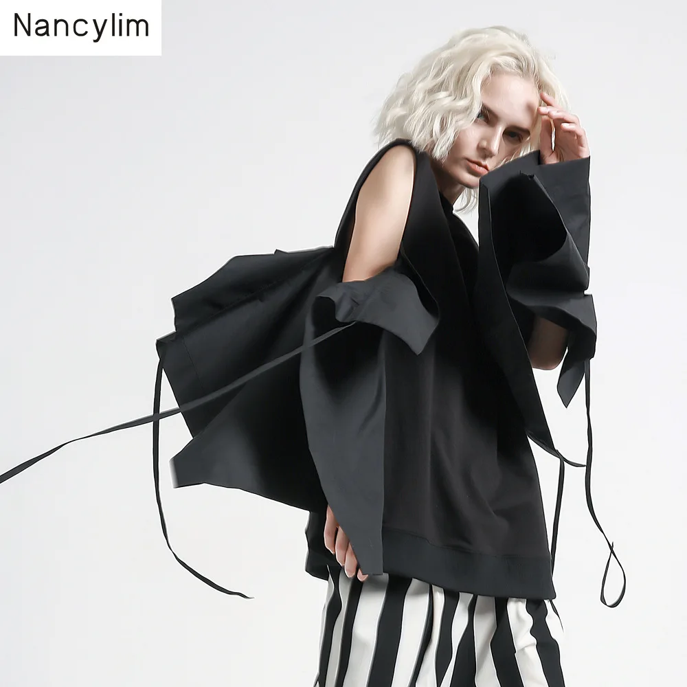 

2019 Autumn European Black Sweatshirt Women Solid Color Casual Shirts Blouses Streetwear Shoulderless Personality Sleeve Blusas