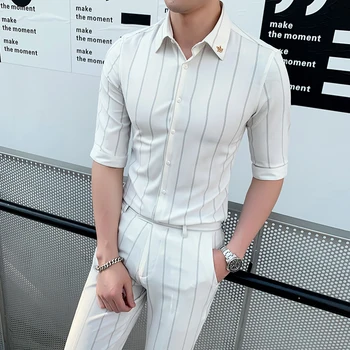

2020 Trend Handsome Cropped Pant 2 Piece Set Costume Business Suit Striped Short Sleeve Shirt Men Suit Business Tuxedos Slim Fit
