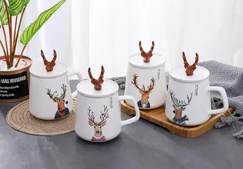 

Creative antler ceramic mug with lid cartoon mug student couple water mug coffee mug