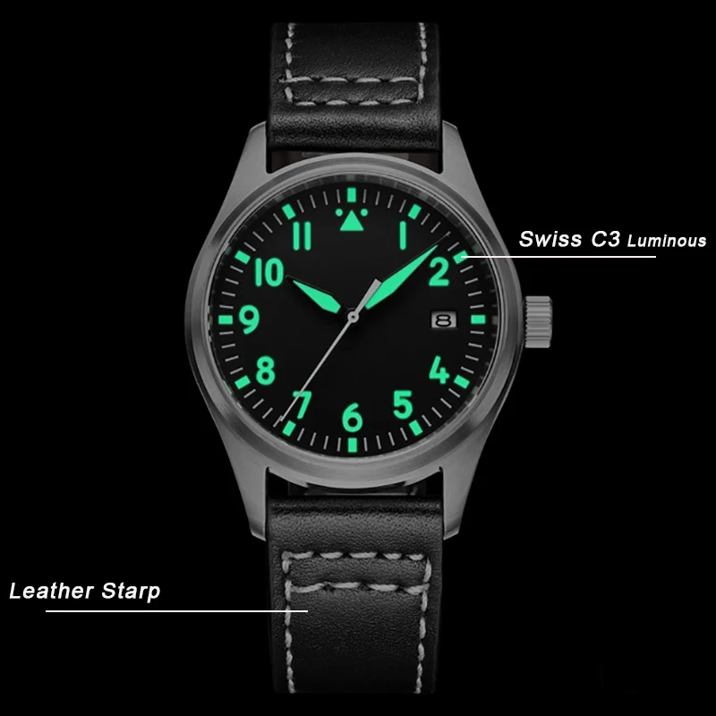 Nh35 Japan Pilot Watch Automatic Mechanical Wristwatch Mens 316L Stainless Steel Case Super Lumi-5