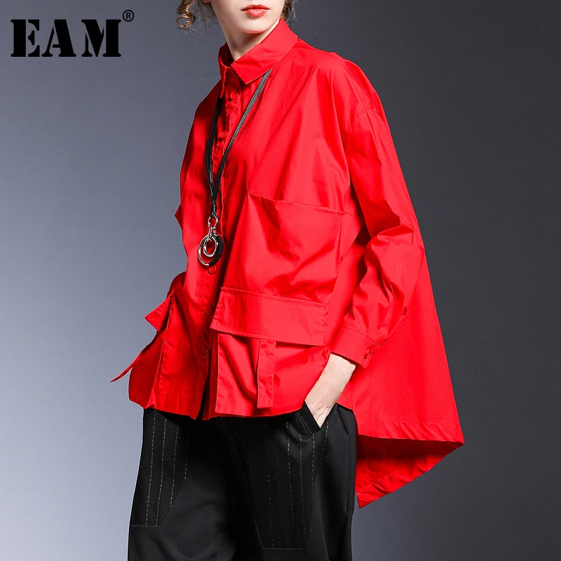  [EAM] Women Pocket Spliced Oversize Irregular Blouse New Lapel Long Sleeve Loose Fit Shirt Fashion 