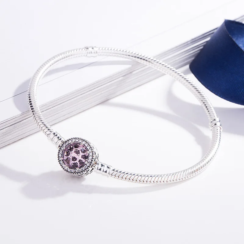 925 пробы, серебряный браслет, ажурный, сияющий, розовый, сердце, змеиная цепочка, браслет, подходит для женщин, бусина, шарм, модное ювелирное изделие