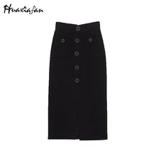Huaxiafan Женская юбка с декоративными пуговицами и накладными карманами, юбка миди, осень, модные женские прямые юбки для отдыха