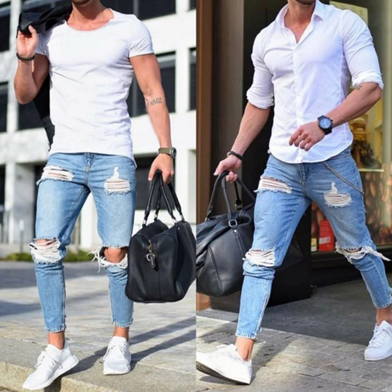 Stretch Ripped Cropped Pants Men 2022 