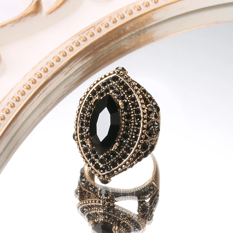 Womens Ring Kinel Luxury Antique Vintage Look AAA Crystal Boho Gold Color Charm Ethnic Wedding