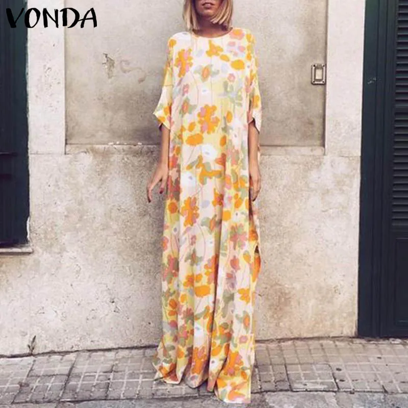 

VONDA Women Floor-Length Dress 2019 Spring Summer Bohemian Half Sleeve Print Vintage Dress Plus Size Vestidos Long Sundress 5XL