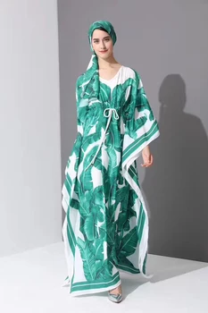 

Grace banana leaves Printing Dresses V Neck three quarter batwing sleeve with scarf Linen blending Loose Dress