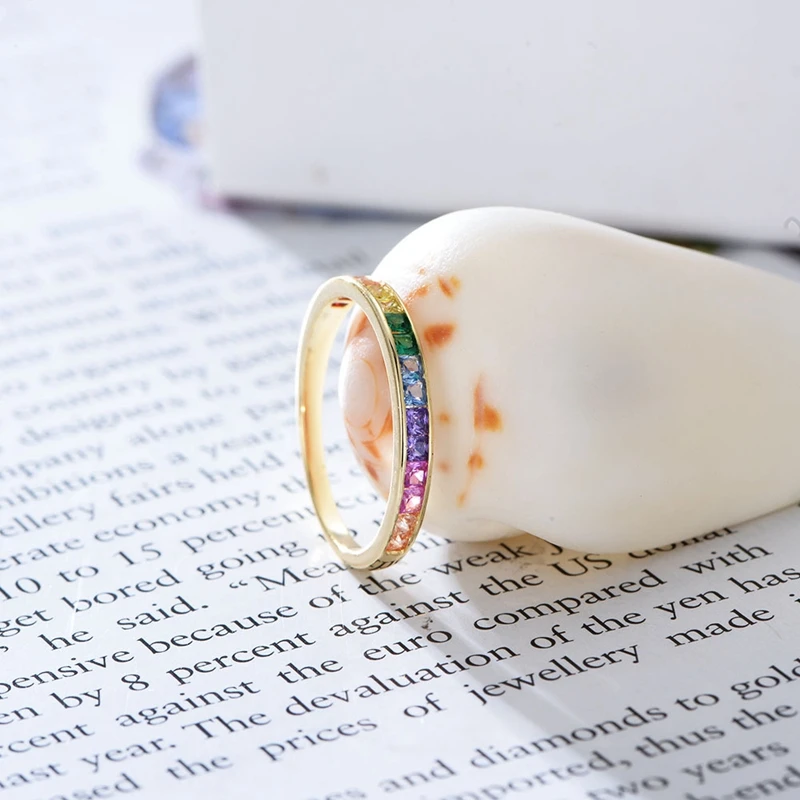 

Silvology 925 Sterling Silver Rainbow Zircon Rings Gold Square Colorful CZ Luxurious Rings for Women Friendship Wedding Jewelry