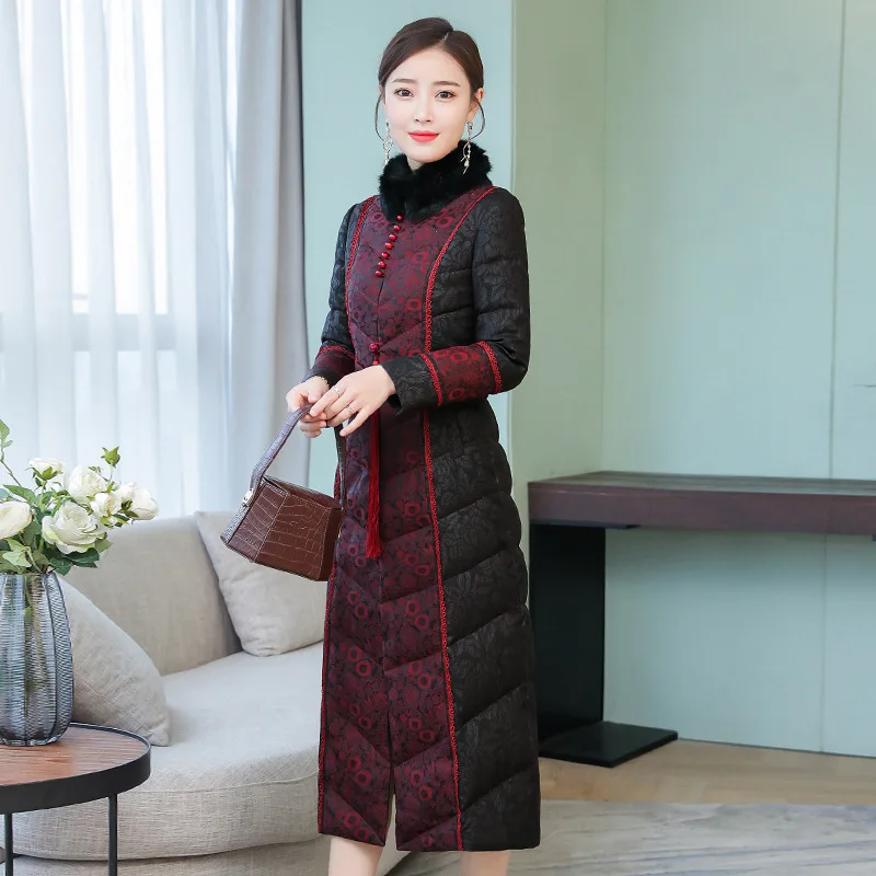

Nk8039 @ 2019 Silk Retro Mom Warm Slim Fit down Jacket Chinese Style Long Cheongsam Coat
