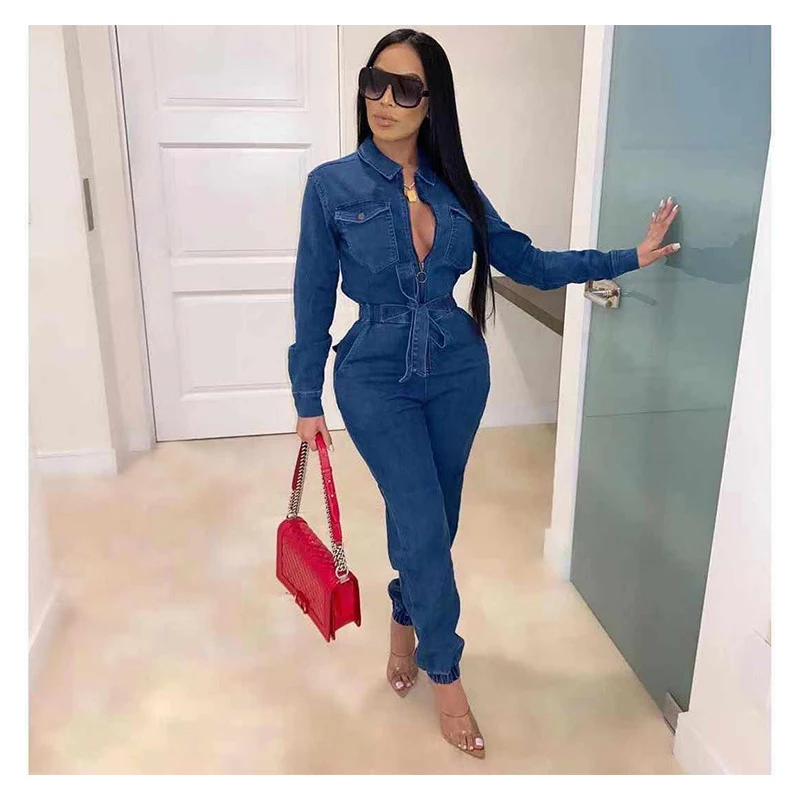 

Autumn Winter Women Denim Jeans Jumpsuit Pocket Full Sleeve Lace Up Slim Sexy Fashion One Pice Playsuit Overall Outfits Blue