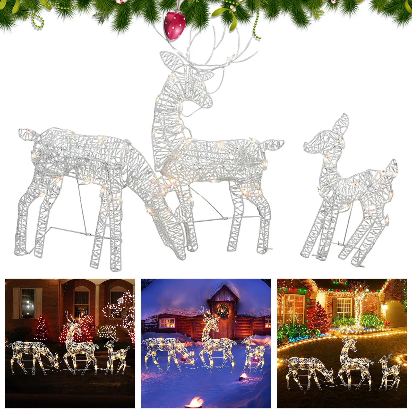3pc Lighted Deer Family - Outdoor Christmas, Winter Decoration for