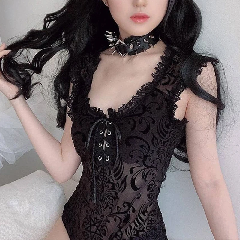 Gothic Sexy Women Black Bodysuit 2020 Chic Square Neck Sleeveless Wear Transparent Punk Lace Mesh 2020 Summer Female Bodycon plus size bodysuit