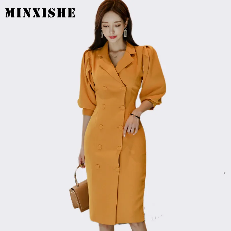 Осеннее женское платье офисное деловое Бандажное Фигурное миди желтое Vestidos