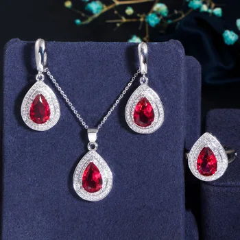 

LUALA Two Lines Cubic Zirconia Elegant Water Drop Rose Red CZ Crystal 3 pcs Women Engagement Jewelry Set Fashion Gift N002