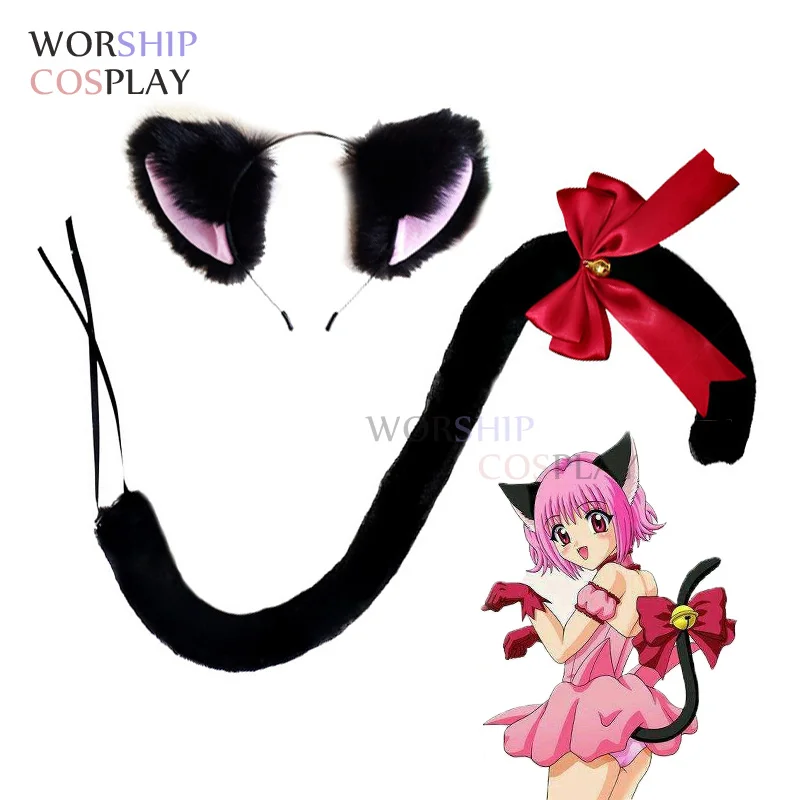 Lolita Cat Girls Tokyo Mew Mew Ichigo Momomiya Necklace Bell Bow Tail Black Pink Ear Cosplay Prop bell accessory