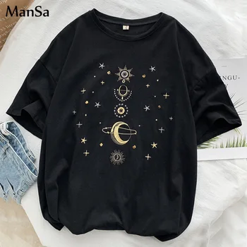 

korean Kawaii T Shirt Women Funny Short Sleeve T-Shirts Fashion star embroidery Tee Shirt harajuku white Black Top tshirt Female