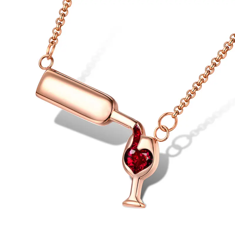 

New Fashion White Gold Filled Wine Glass Pendant Necklace For Women Punk Red Heart Beer Bottle Party Fashion Charm Jewelry Gift