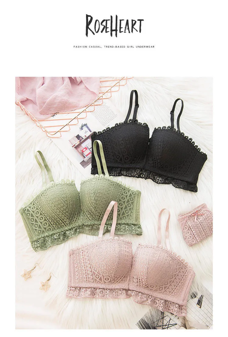 Roseheart Для женщин Мода розовый зеленый белье с кружевными оборками Bralette лук мягкой отделкой подтягивающие трусики Беспроводной комплекты