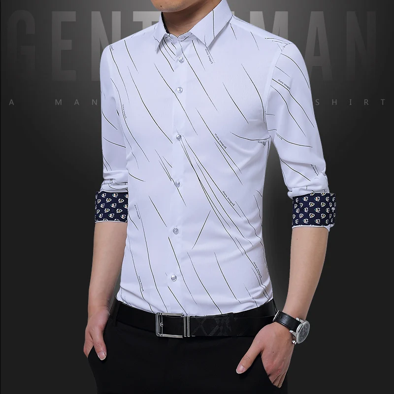 

Men Shirt Long Sleeve Spring and Autumn Men's Korean Version Stripe Collar and Cuff Printed Business Shirt