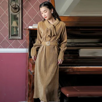 

Long Pleated Dress Fashion Bandage Elegant Bow Small Fresh 2020 Spring Vintage Vintage High Waist Casual Dress XJ3184