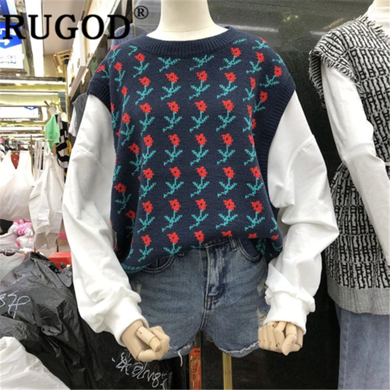 dark blue RUGOD Новое поступление осенний свитер пуловеры для женщин с круглым вырезом в стиле пэчворк с цветочным принтом свободное трикотажное пальто Модные женские шикарные повседневные - Цвет: dark blue