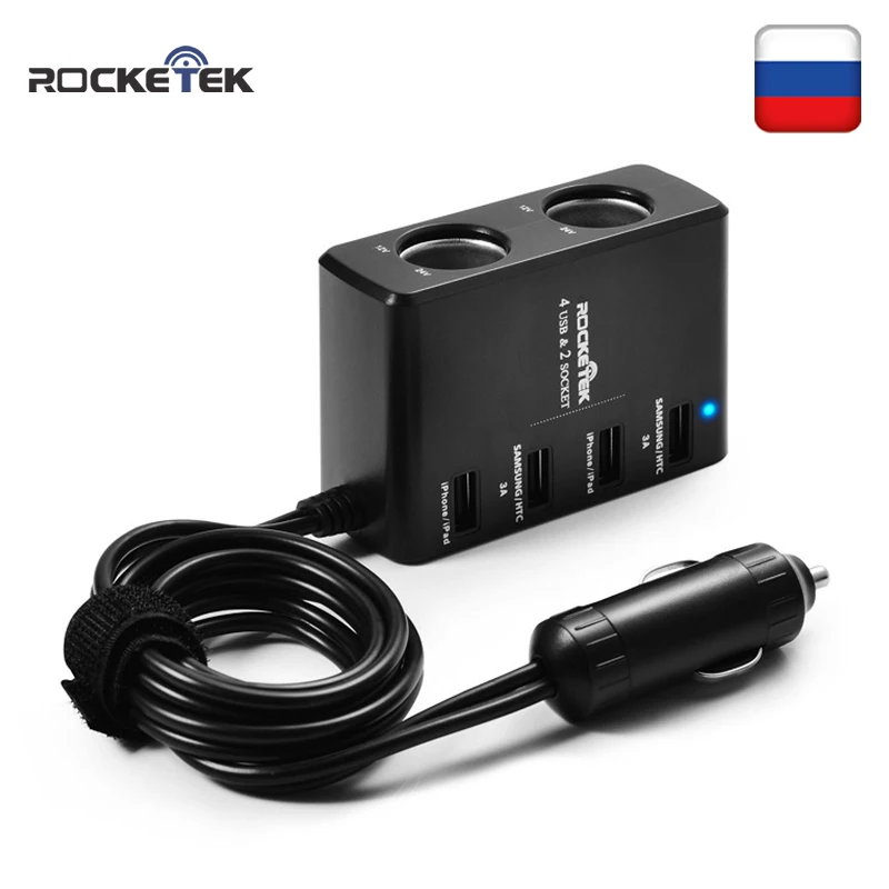 Автомобильное зарядное устройство Rocketek multi usb smart IC 4 USB 6A 2 гнезда прикуривателя аксессуары для Xiaomi автомобильное зарядное устройство