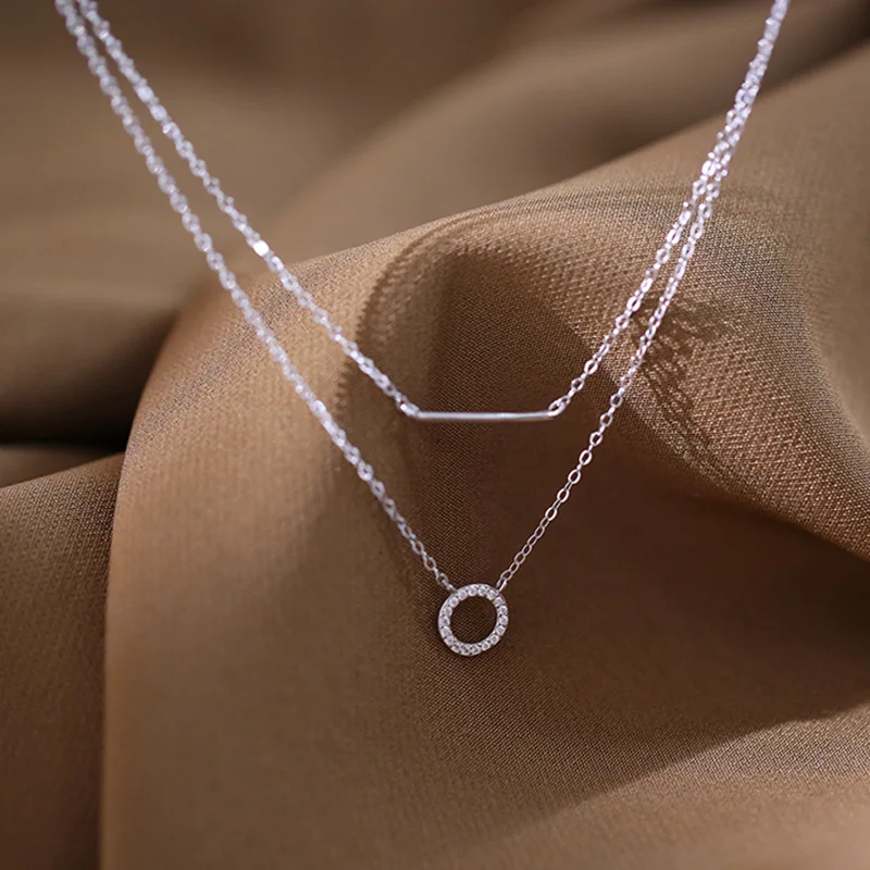 New 925 Sterling Silver Diamond Round Double Necklace Ladies Clavicle Chain Exquisite Jewelry Party Wedding Accessories SNK033 - Image 2