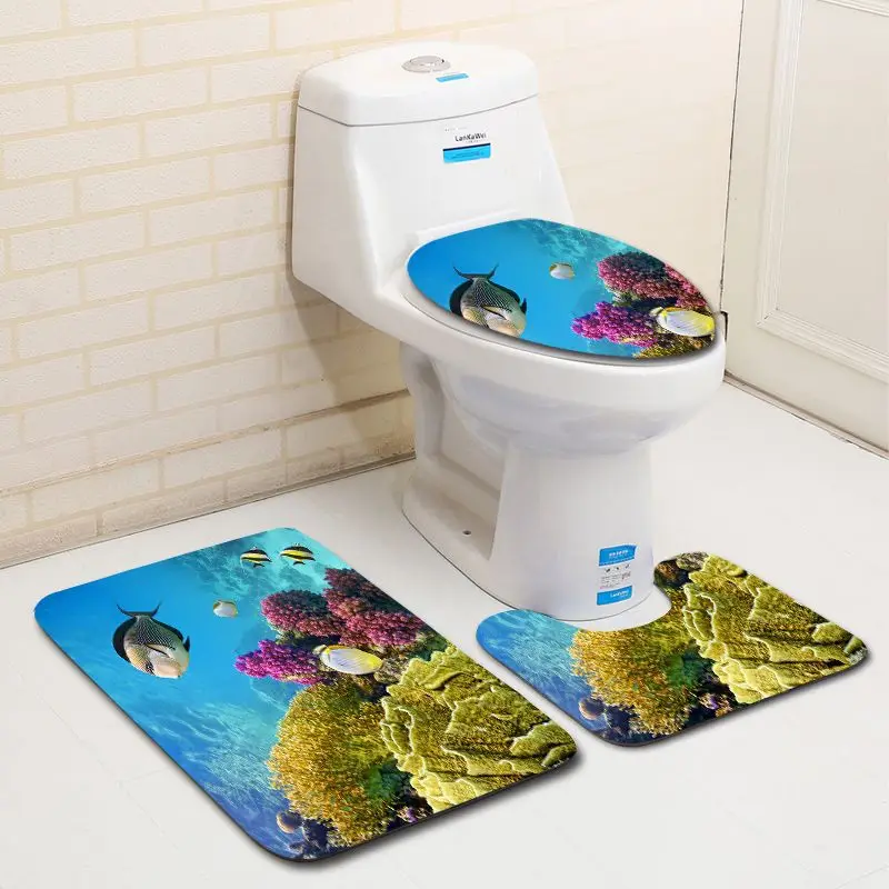 Океанский подводный мир, напечатанные коврики для ванной комнаты, набор из микрофибры, коврики для туалета, ковры на пьедестал, крышки для унитаза, коврики для ванной