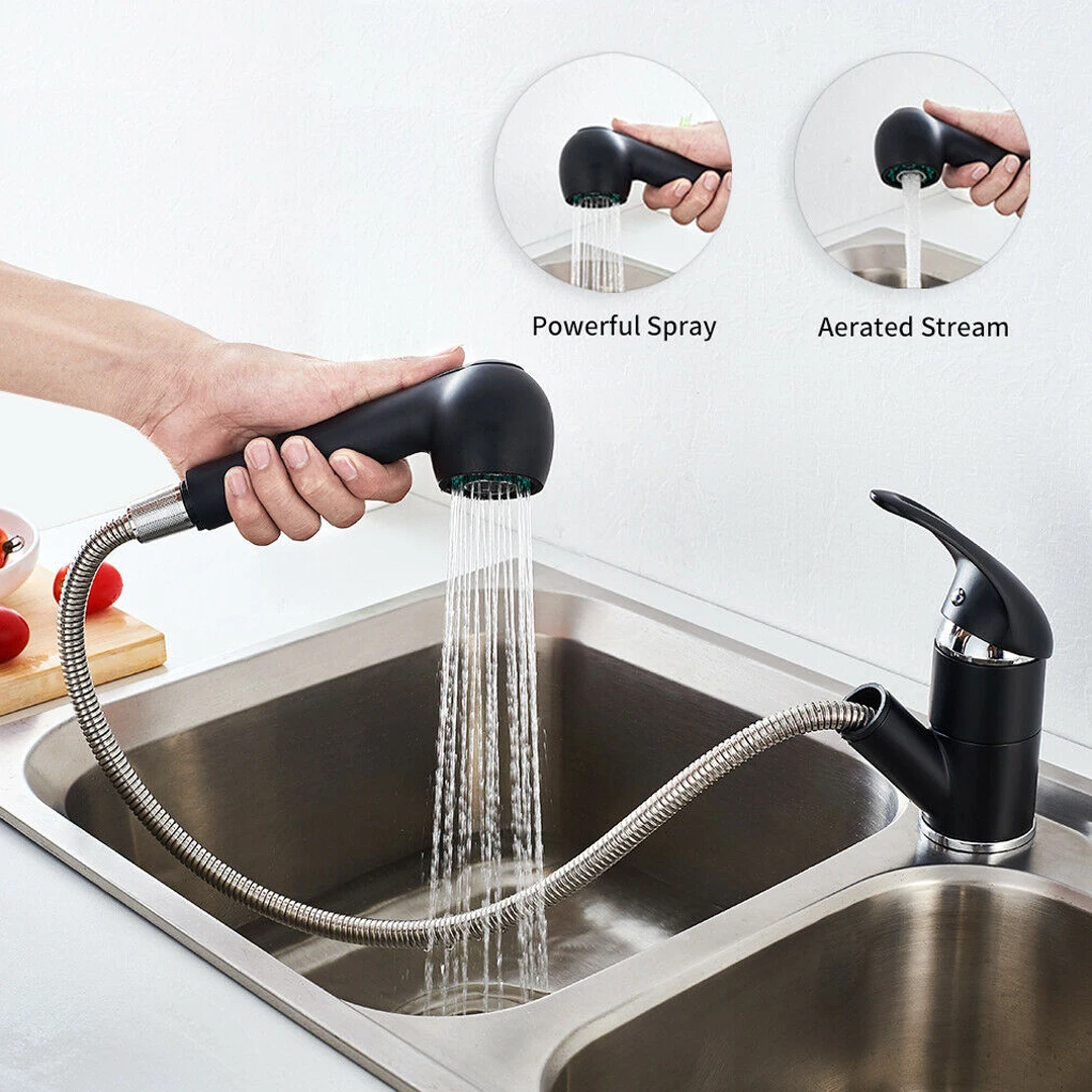 

Black Kitchen Faucet Pull-out Spray Dual Function Water Saving Extendable Spout Single Handle Mixer Tap Sink