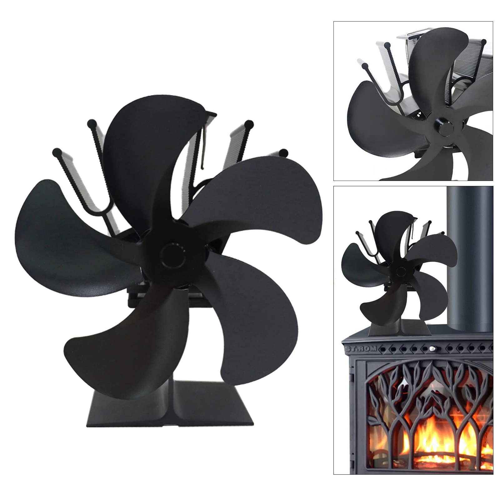 Black Fireplace 5 Blade Heat Powered Stove Fan Log Wood Burner Eco Friendly Quiet Fan Home Efficient Heat Distribution