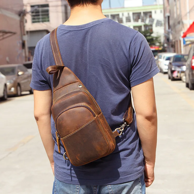 Sac de Poitrine Homme en Cuir Veritable Sacoche à Bandoulière Sacs