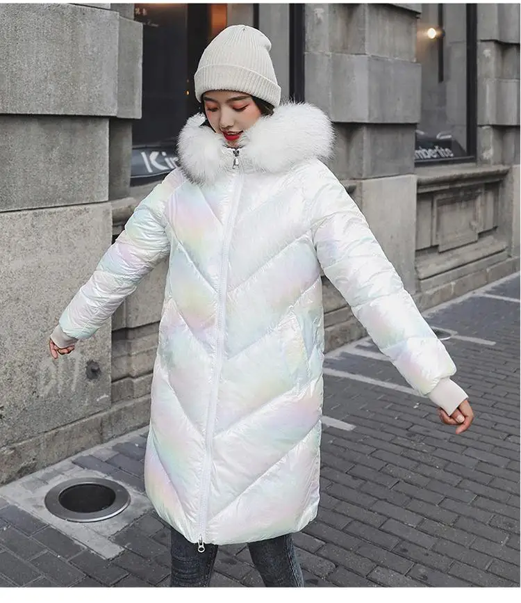 Женские парки Mujer, Женская длинная куртка с капюшоном и воротником из искусственного меха, новинка, зимнее теплое плотное пальто для снега, уличная яркая градиентная верхняя одежда - Цвет: 3