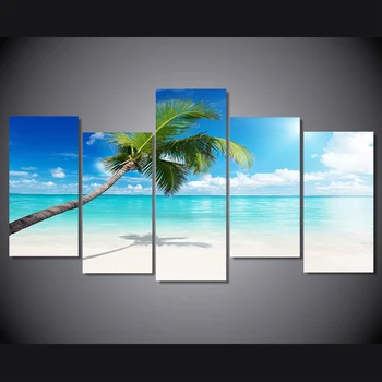 

5 Pieces Blue Sky Palm Tree Beach Picture Painting Wall Art Room Decor Print Poster Picture Canvas Painting
