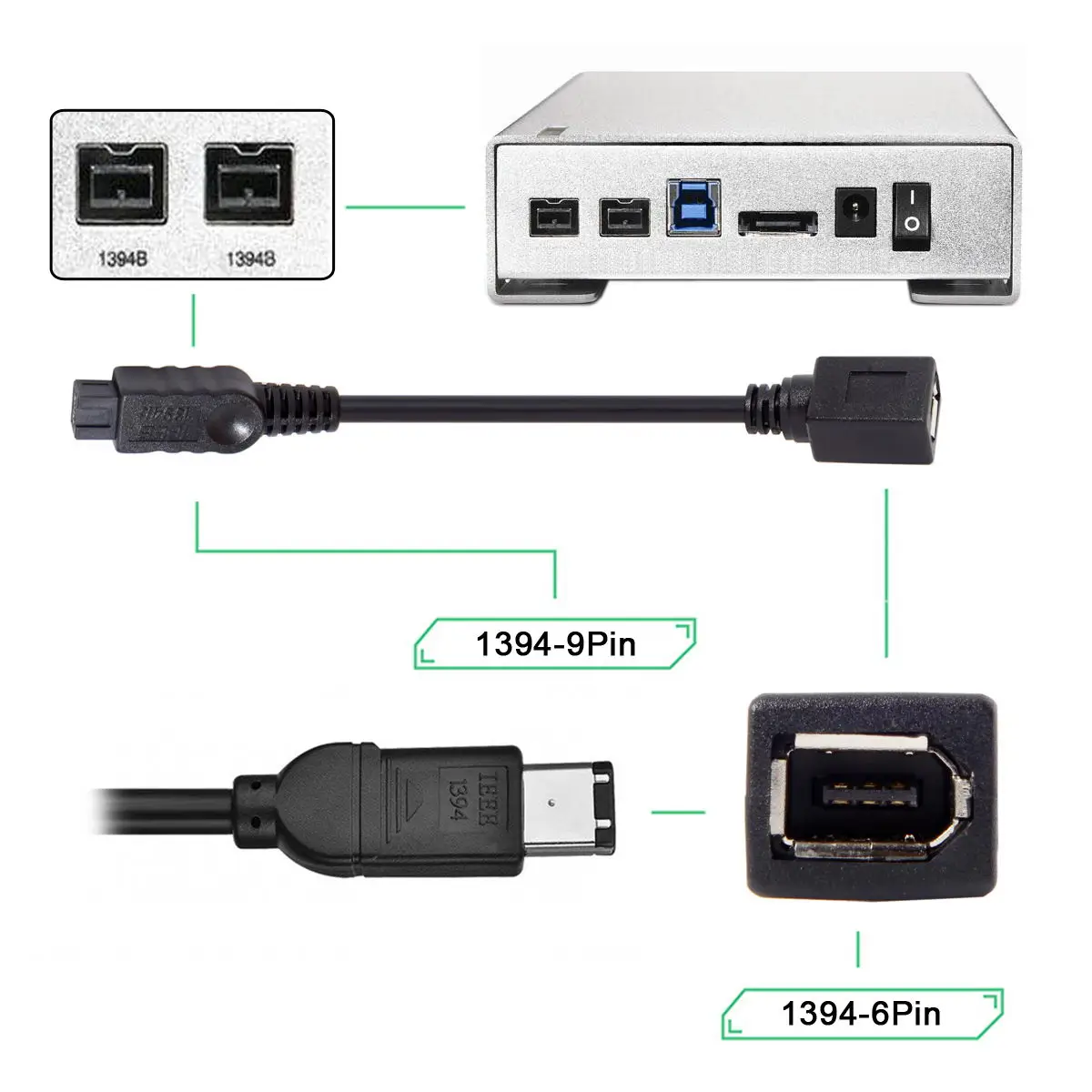 Ieeee1394 6PIN Женский к 1394b 9PIN мужской Firewire 400 до 800 Кабель-адаптер