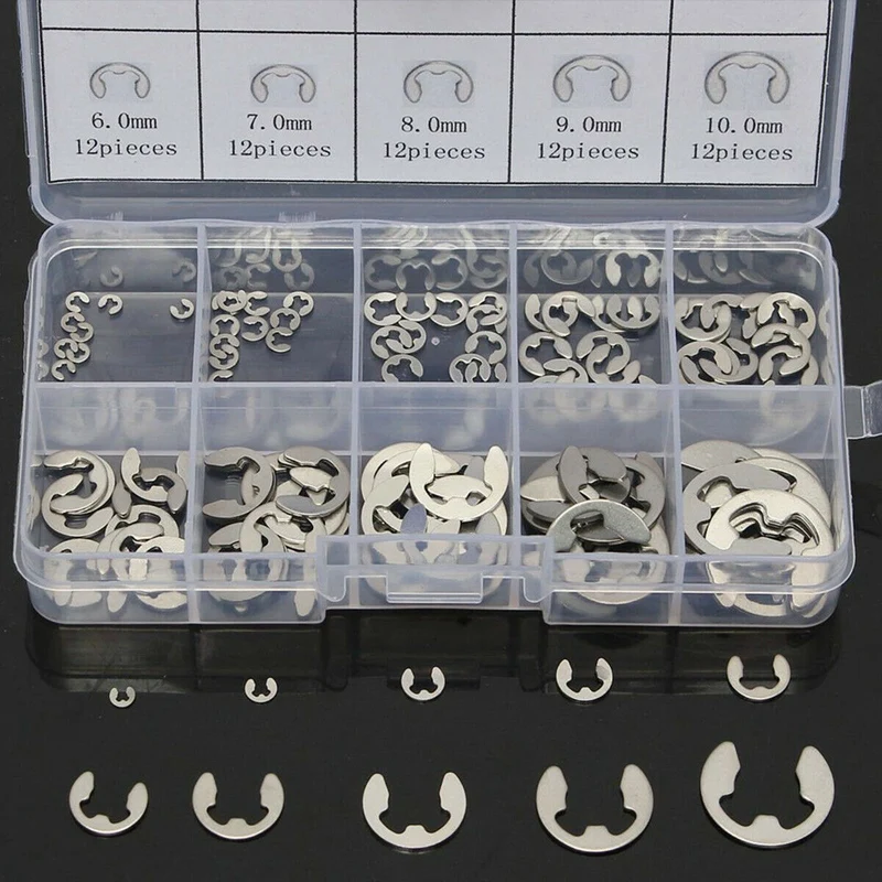 120Pcs 304 Stainless Steel E Clip Washer Assortment Kit Circlip Retaining Ring for Shaft Fastener M1.5-M10