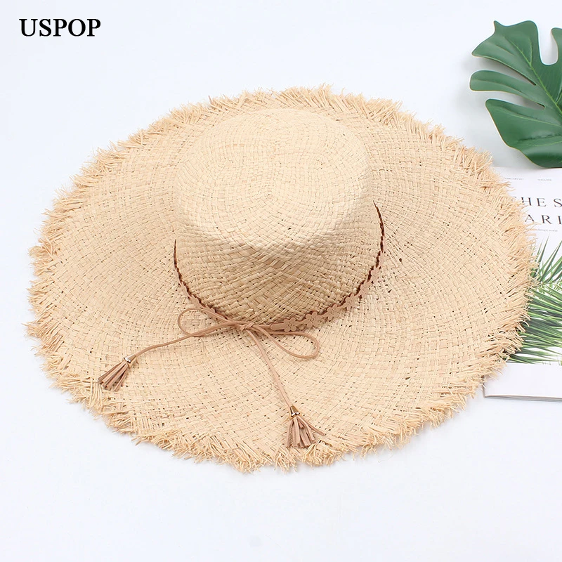 

USPOP 2020 Women sun hats flat top straw hats raffia sun hats tassel bow beach hat female casual summer hats