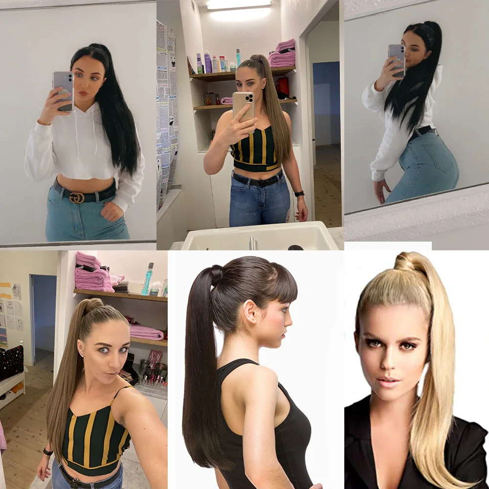 Amir Ponytail Hair Extensions Heat Resistant Synthetic Long Straight Wrap Around Clip In Ponytails with Megic tape