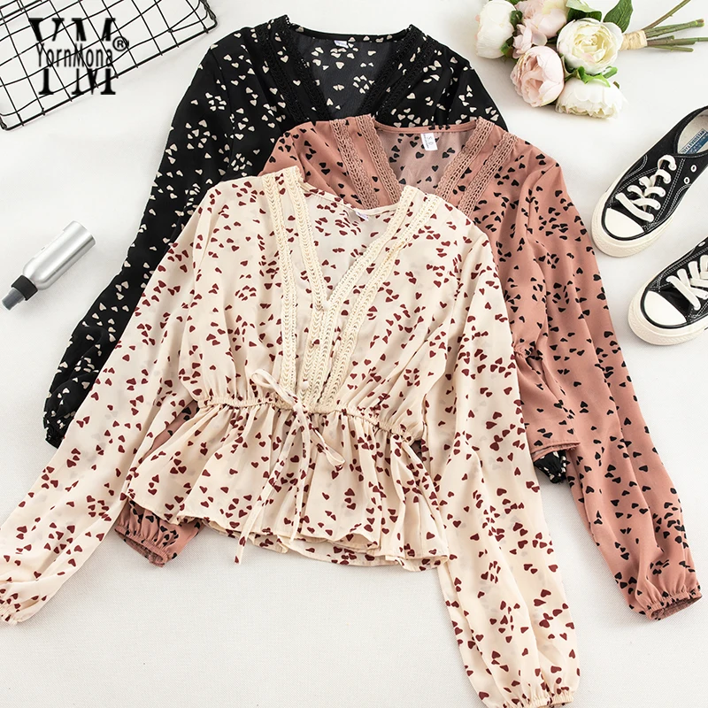 

YornMona Sweet Heart Print Chiffon Blouse 2019 New Chic V Neck Slim Bandage Waist Ruffle Blouse Top Autumn Ladies Casual Shirt