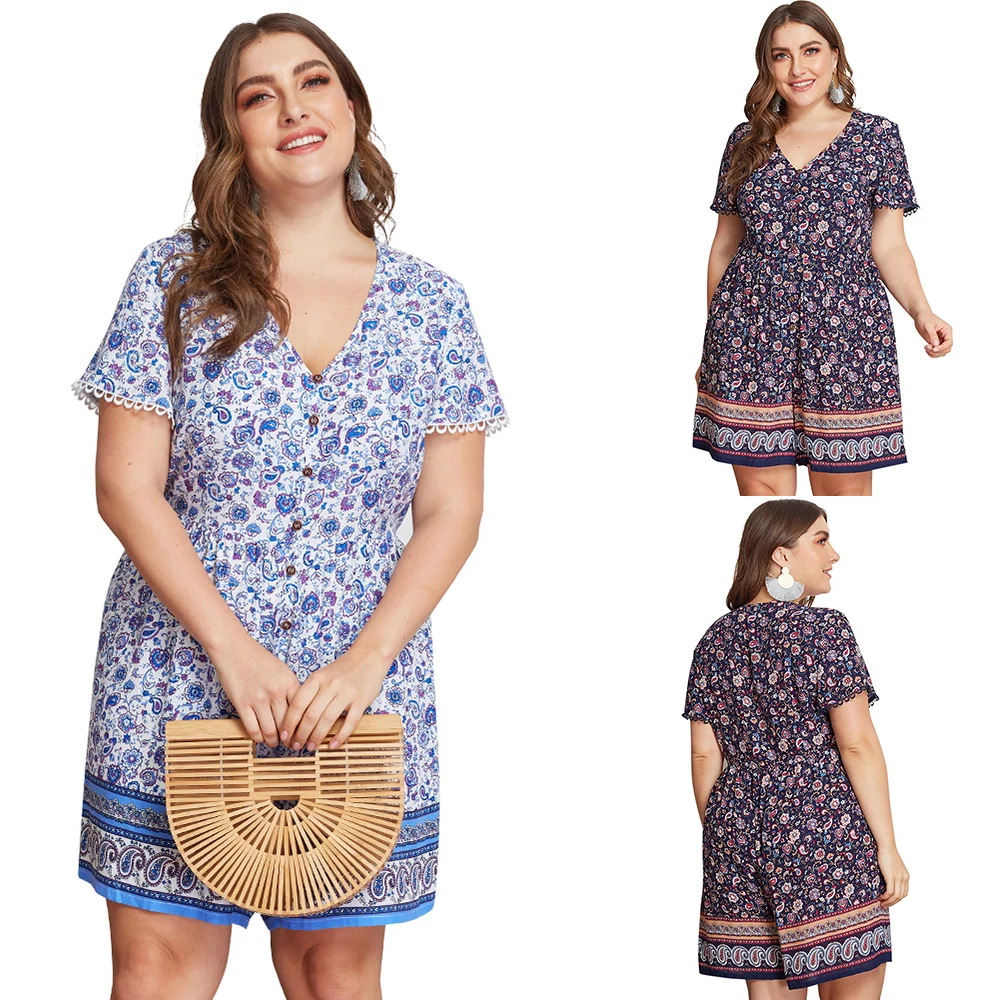 

Fashion Plus Size Jumpsuit Romper Playsuit Summer Women Short Sleeve Bohemian Floral Printed Ladies Shorts Jumpsuit Female