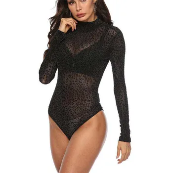 

Women Long Sleeve Leopard Bodysuit Elegant Sexy See Through Romper Ladies Transparent Leotard Party Club Body Top Streetwear