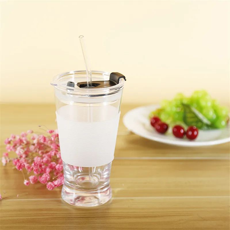 350 мл стеклянная чаша с соломинкой и крышками прозрачные стаканчики силиконовый рукав стеклянная посуда для вода молоко сок посуда для кофе и чая