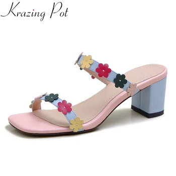 

Krazing pot women slip on mules square peep toe high heels flower decorations beauty lady daily wear sweet summer sandals L01