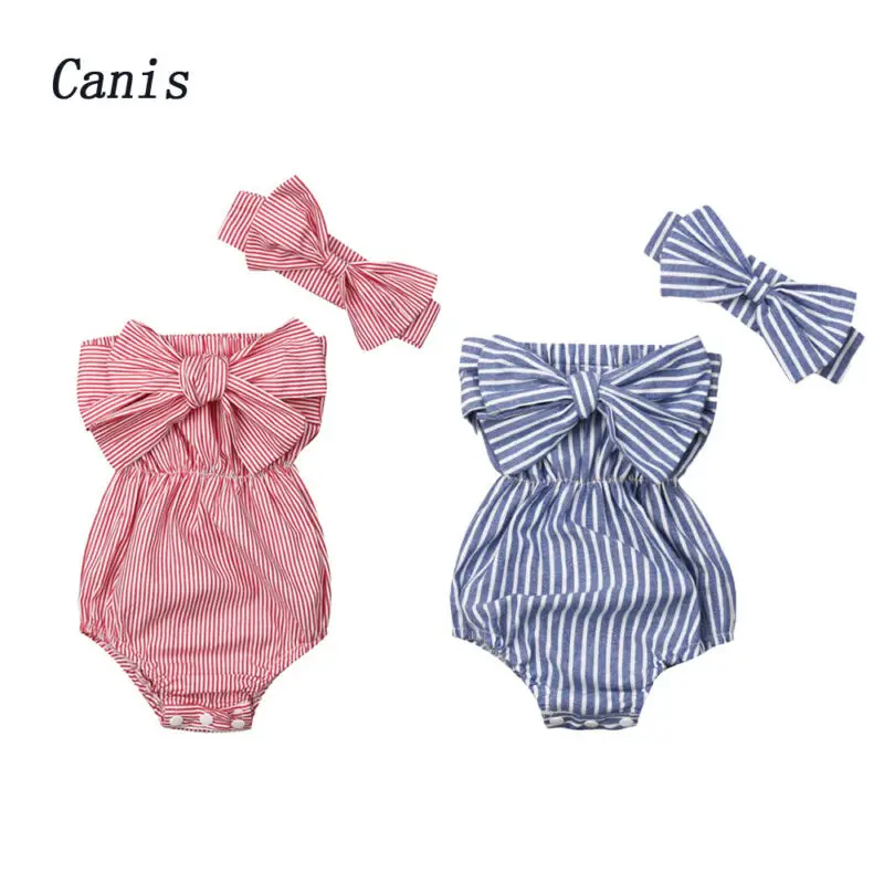 0 24Months Off Shoulder Striped Rompers for Newborn Baby Girls Bow Knot