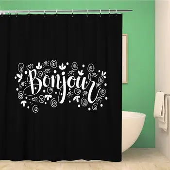 

Bathroom Shower Curtain Black Bonjour Hello Paris Phrase in French Ink Modern Polyester Fabric Waterproof Bath Curtain Set with