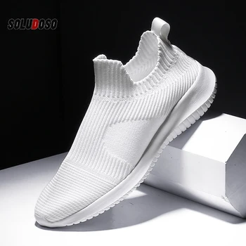 

Solid White Fashion Knitting Casual Shoes Men Super Light Breathable Stretch Socks Sneakers Slip On Tenis Masculino Black