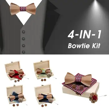 

Fashion 3D Wooden Bow Tie Handkerchief Set Men's Plaid Bowtie Wood Floral Design With Box Fashion Novelty Ties For Wedding Party
