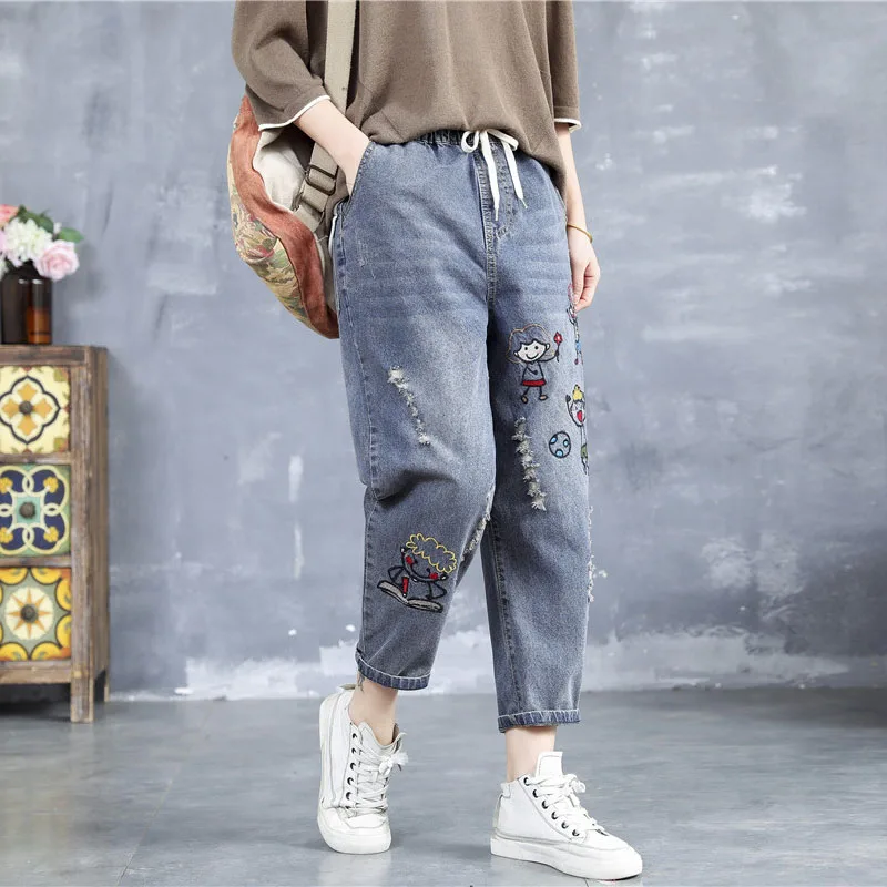 Женские длинные штаны на шнуровке в стиле ретро с мультяшной вышивкой новинка