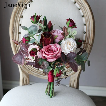 

JaneVini Vintage Autumn Burgundy Wedding Bouquets Bride Flowers Artificial Silk Roses European Style Fake Bouquet Buque De Noiva